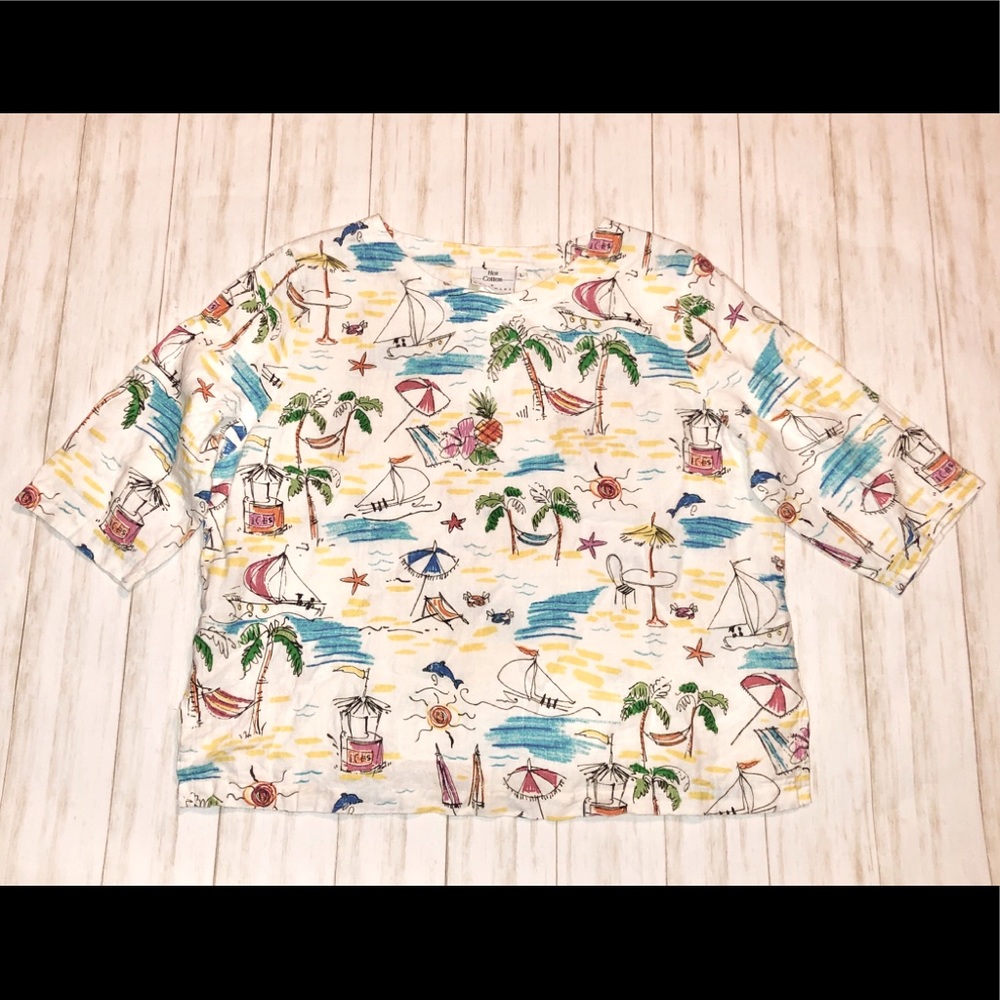 🏝VINTAGE HOT COTTON BY MARC WARE BEACH THEME WOMEN’S LINEN TOP